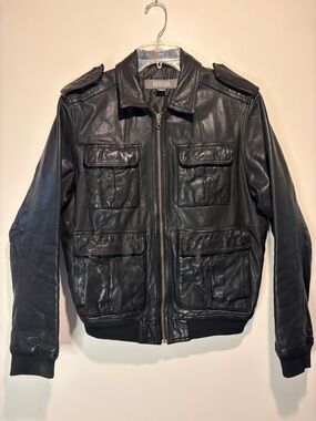 Kenneth Cole Reaction 100% Leather Black Full Zip Button Pockets Jacket Size M